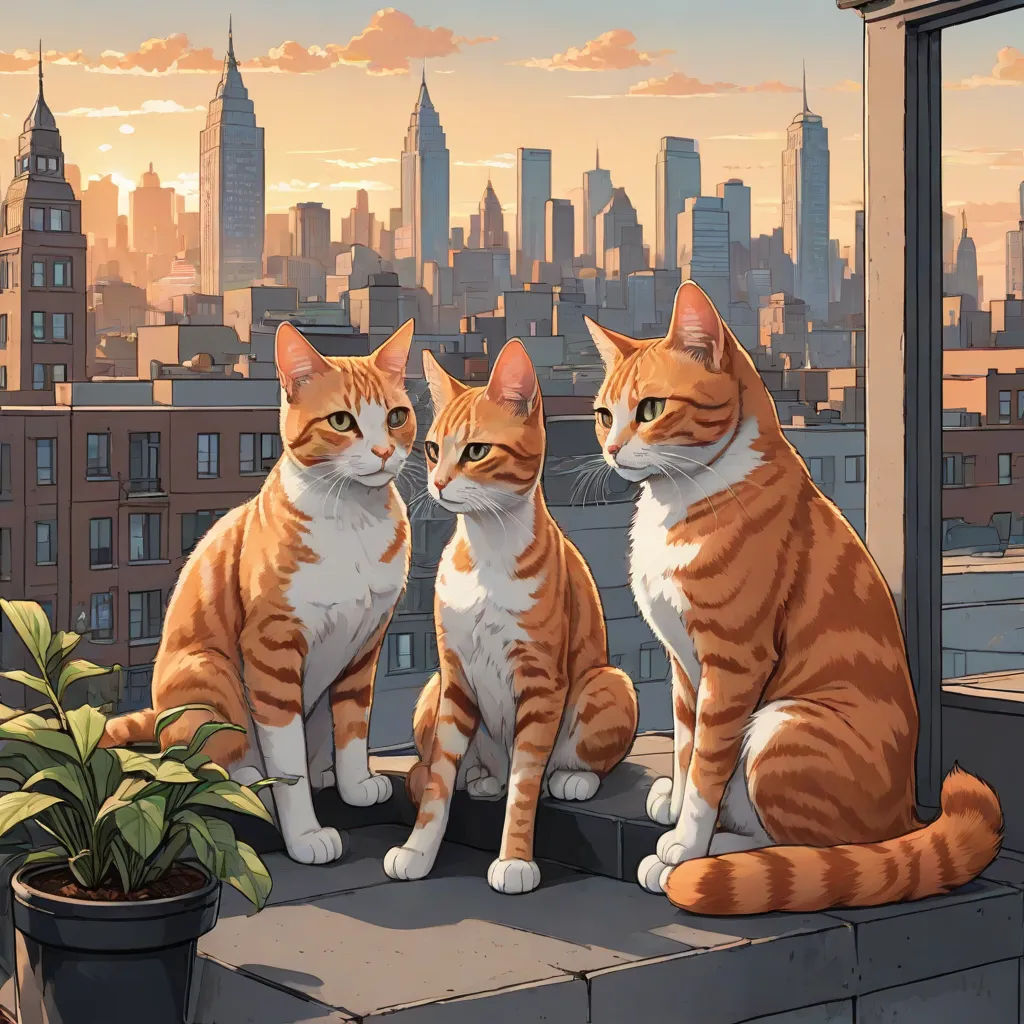 two cats sitting on a ledge in front of a cityscape with a sunset in the background and a potted plant, Brothers Hildebrandt, furry art, a comic book panel, official art