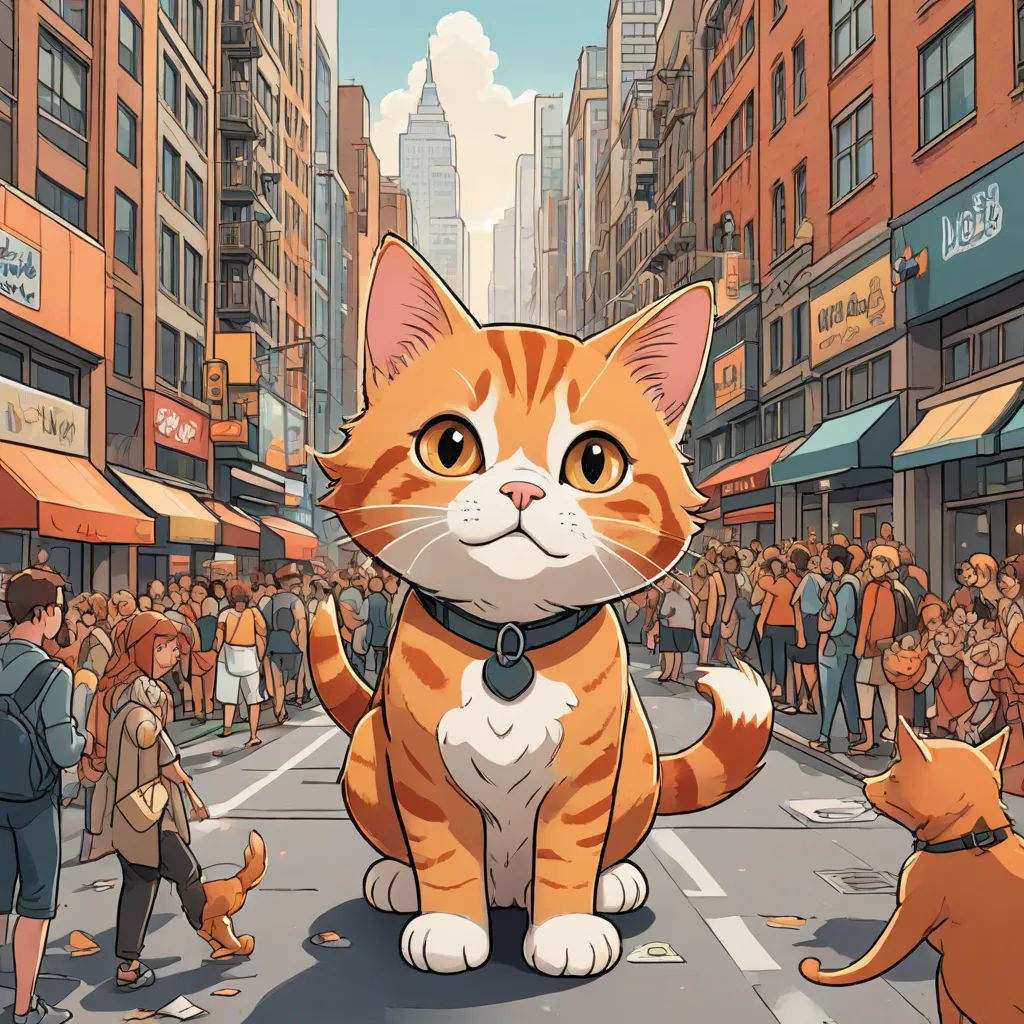 a cat is standing on the street with a group of people in the background and a crowd of people walking on the street, Asaf Hanuka, furry art, a comic book panel, comic cover art
