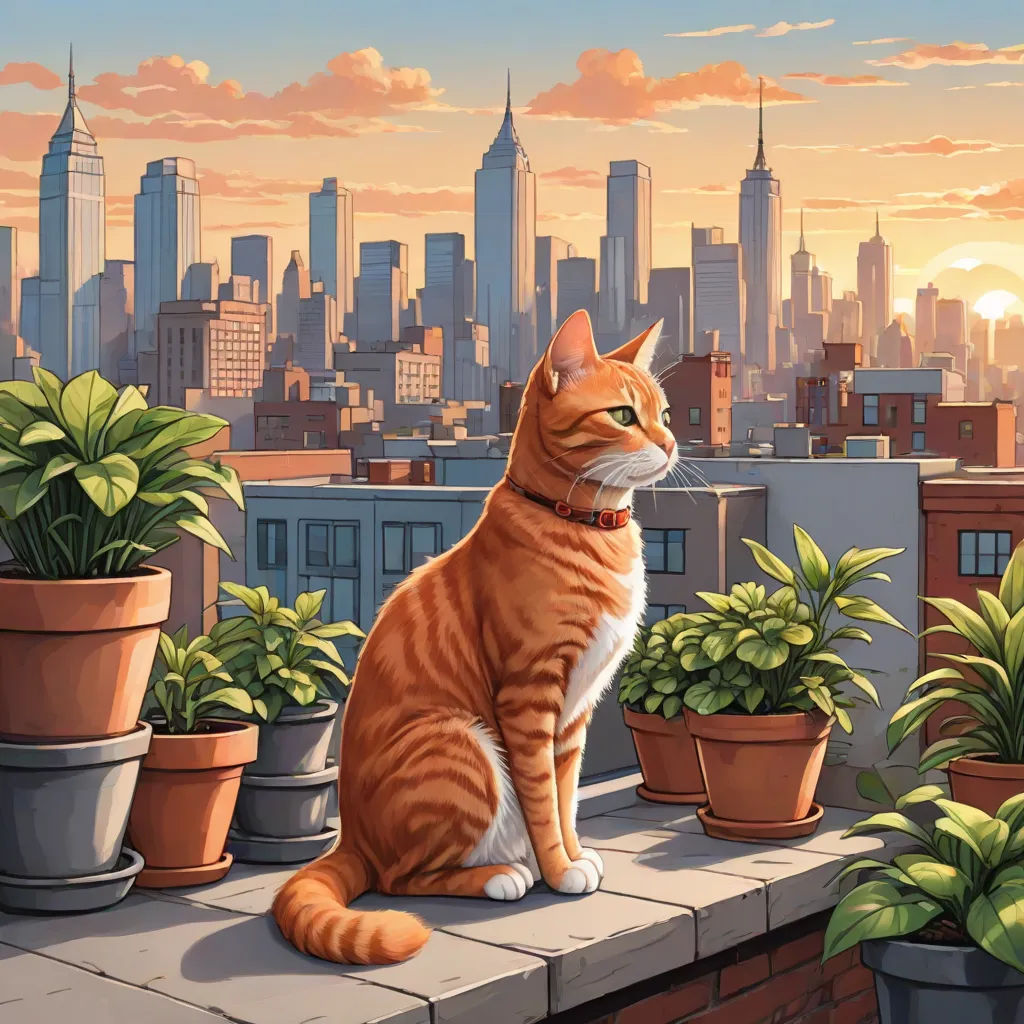 a cat sitting on a ledge in front of a cityscape with potted plants and a sunset, Dan Mumford, american scene painting, a comic book panel, city background
