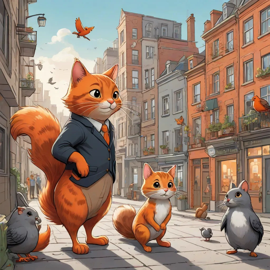 a cat in a suit standing next to a group of birds and pigeons on a city street with buildings, Chris LaBrooy, furry art, a storybook illustration, official art
