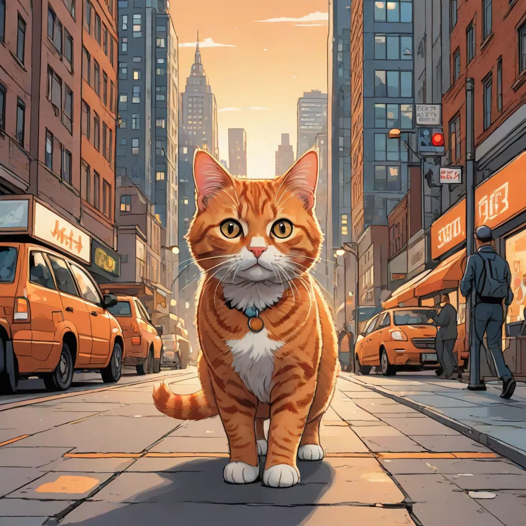 a cat is standing on a city street with a man in the background looking at the camera and a taxi cab in the foreground, Dan Mumford, furry art, a comic book panel, comic cover art