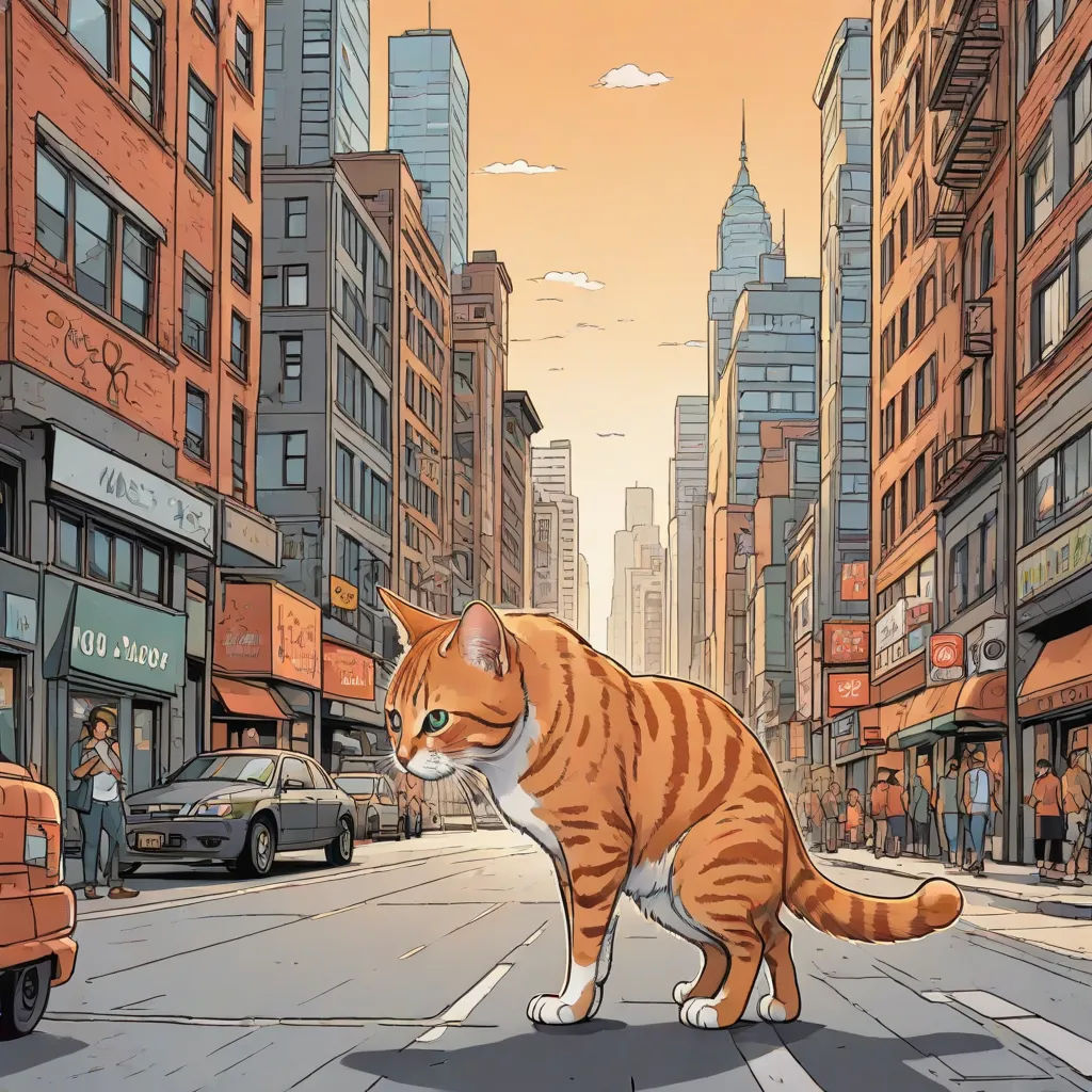 a cat is standing on a city street with tall buildings in the background and a person walking down the street, Asaf Hanuka, underground comix, a comic book panel, graphic novel