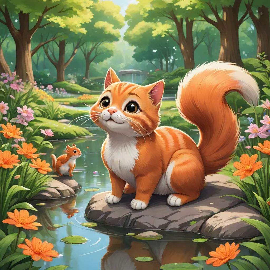 a cat and a squirrel are sitting on a rock in a forest by a pond of water and flowers, Chris LaBrooy, sots art, a character portrait, official art