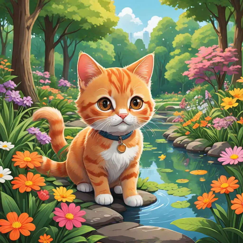 a cat sitting on a rock in a garden with flowers and trees around it, looking at the camera, Chris LaBrooy, sots art, a character portrait, game art