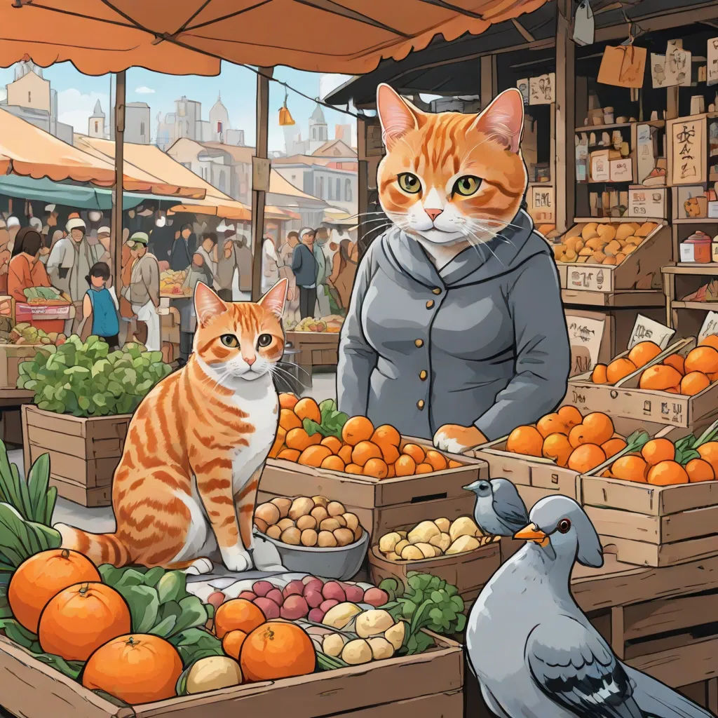 a cat and a bird are standing in front of a fruit stand with oranges and other fruits and vegetables, Asaf Hanuka, furry art, a storybook illustration, highly detailed digital art