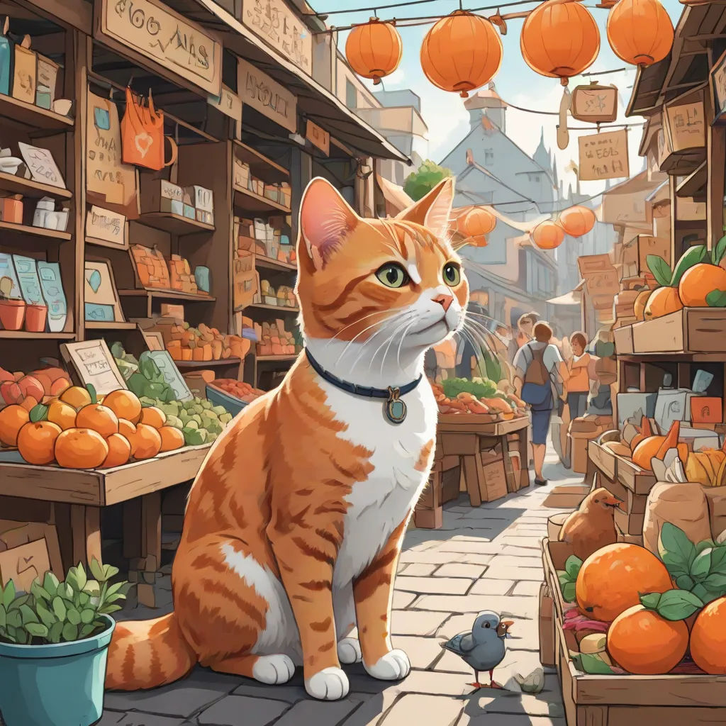 a cat sitting on a brick sidewalk in a market with a bird nearby and a bird on the ground, Chris LaBrooy, photorealism, a storybook illustration, official art