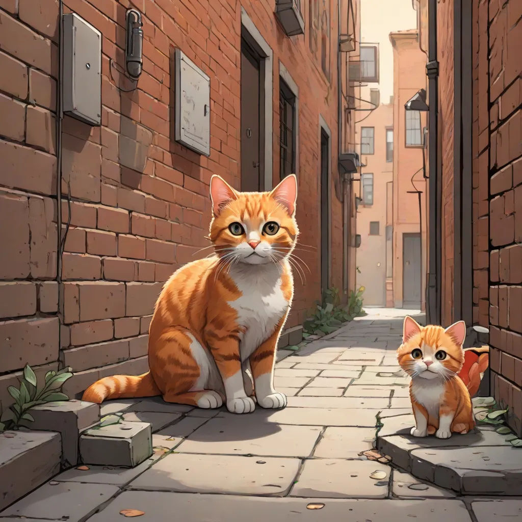 a cat and a kitten sitting on a brick street next to a brick building and a brick wall with a light on, Brothers Hildebrandt, photorealism, a storybook illustration, official art