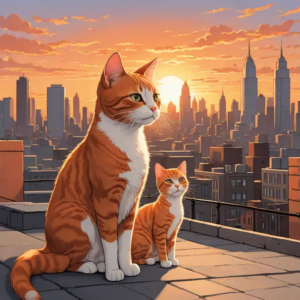 a cat and a kitten sitting on a roof in front of a city skyline at sunset with the sun setting, Brothers Hildebrandt, furry art, a comic book panel, official art