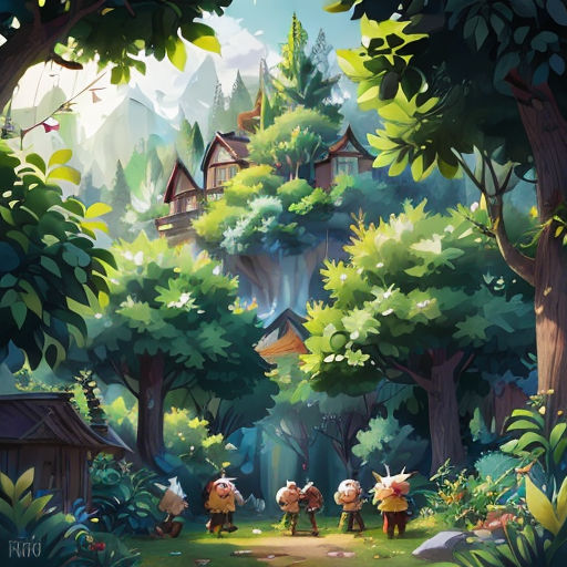 a painting of a forest with a lot of trees and animals in it and a house in the background