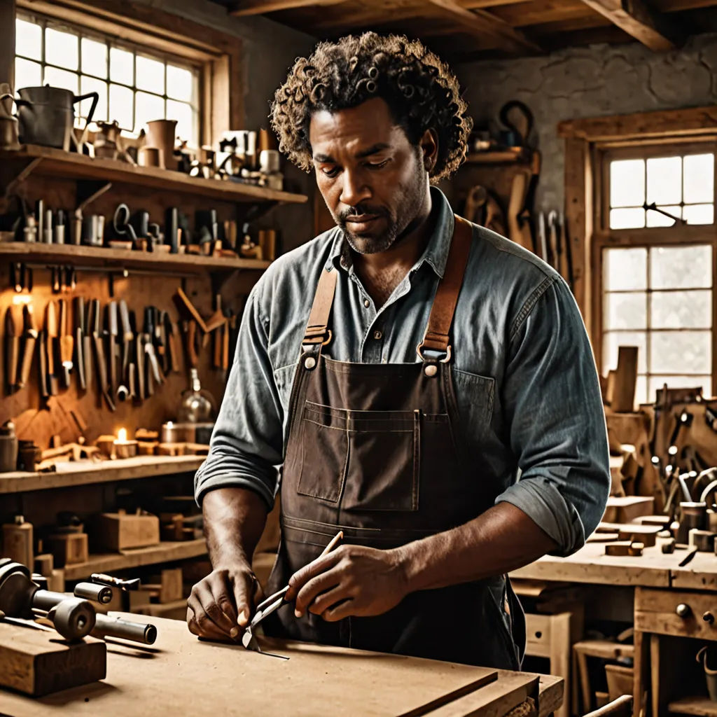 a man in a workshop working on a piece of wood with a hammer and a pair of scissors on a workbench, arts and crafts movement, a stock photo, Derold Page, promotional image
