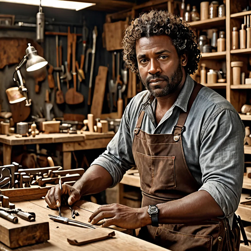 a man in a workshop working on a piece of wood with a pair of scissors in his hand and a pair of woodworking tools in his other hand, arts and crafts movement, a character portrait, Derold Page, promotional image