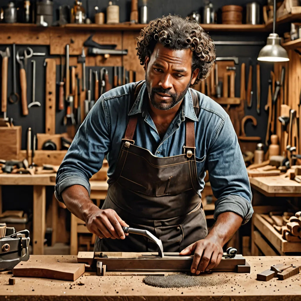 a man working on a piece of wood in a shop with tools on the table and a work bench, arts and crafts movement, a stock photo, Christian Hilfgott Brand, portrait photography