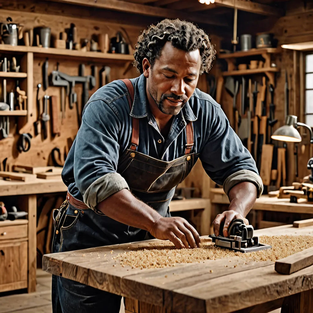 a man working on a piece of wood in a shop with a work bench and tools on the wall, arts and crafts movement, a stock photo, Chris LaBrooy, promotional image