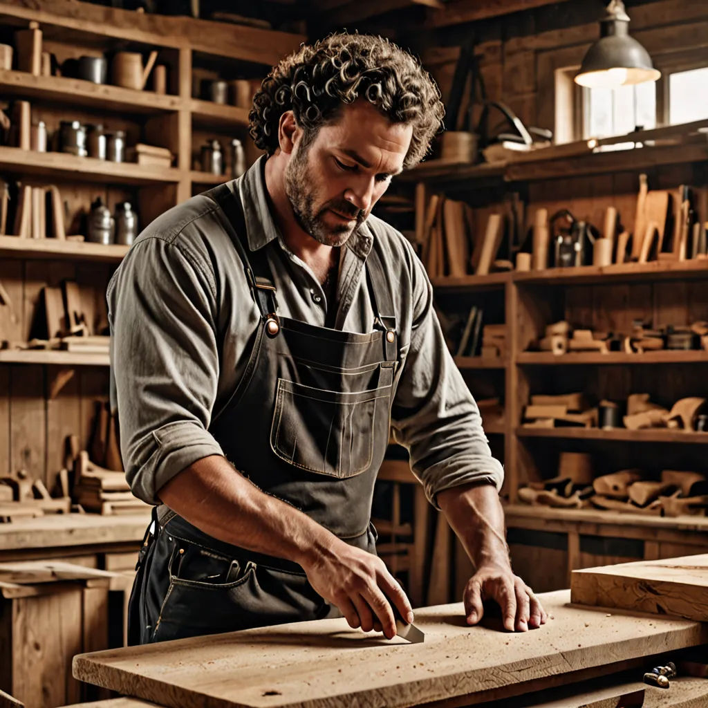 a man working on a piece of wood in a shop with lots of shelves and shelves of woodworking tools, arts and crafts movement, a stock photo, Christian Hilfgott Brand, promotional image
