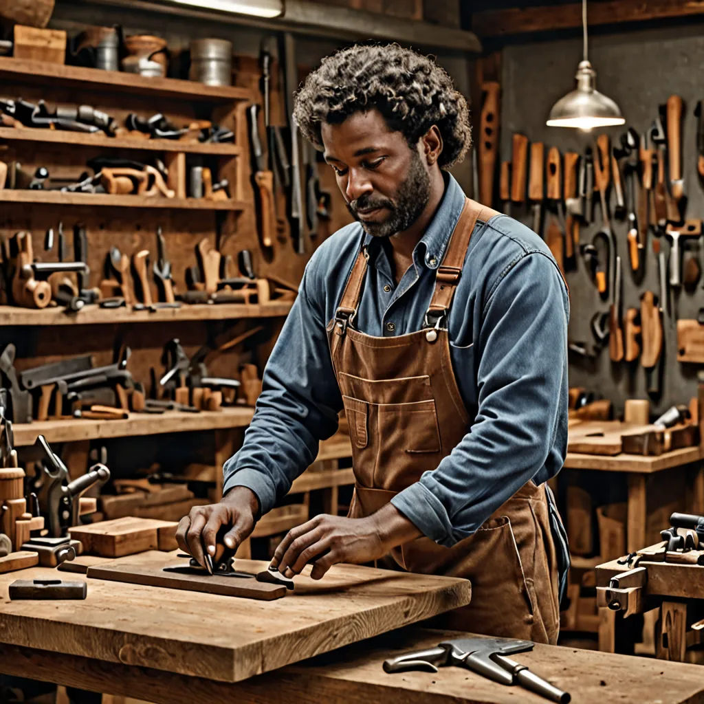 a man working in a wood shop with a work bench and tools on it's sides and shelves, arts and crafts movement, a stock photo, Andries Stock, promotional image