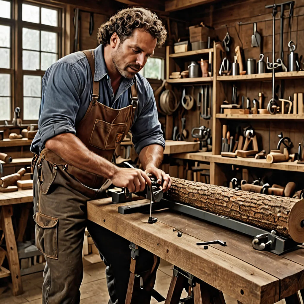 a man working on a piece of wood in a shop with a large wooden table and a large wooden bench, arts and crafts movement, a jigsaw puzzle, Christian Hilfgott Brand, promotional image