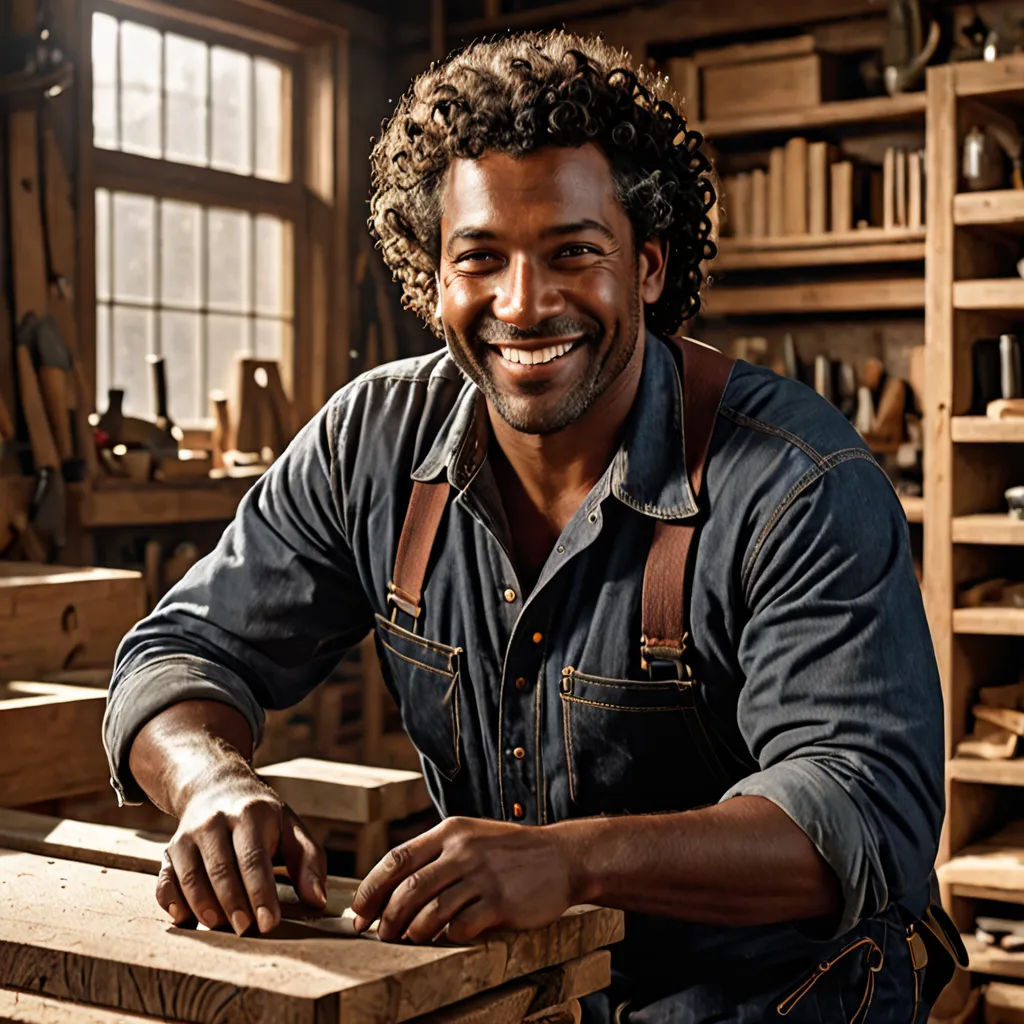 a man smiling while working on a piece of wood in a shop with lots of woodworking tools on the shelves, arts and crafts movement, a character portrait, Darrell Riche, promotional image