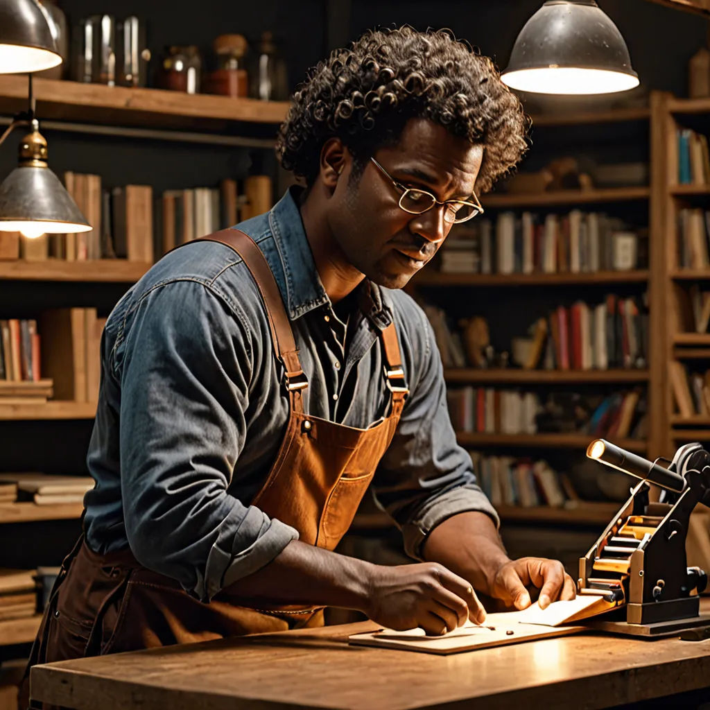 a man in an apron working on a piece of paper in a library with a microscope and a book, arts and crafts movement, a stock photo, Christian Hilfgott Brand, promotional image