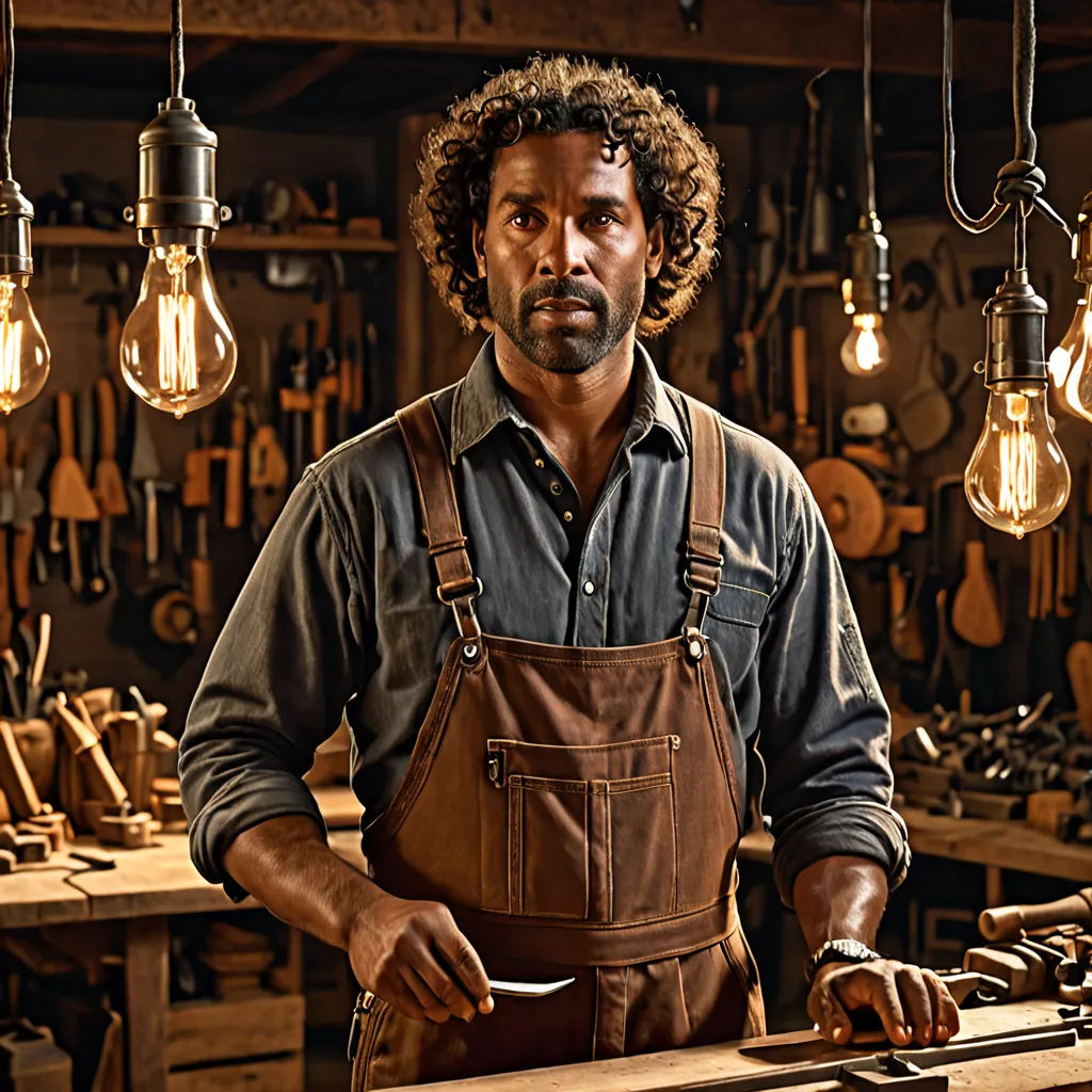 a man in a workshop with many lights hanging from the ceiling and a workbench in the background, arts and crafts movement, a character portrait, Christian Hilfgott Brand, rembrandt lighting