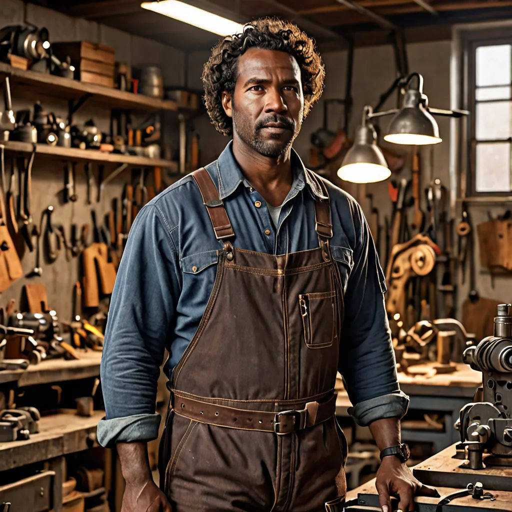 a man in a workshop with a lot of work tools on the wall and a lamp on the ceiling, arts and crafts movement, a character portrait, Derold Page, promotional image