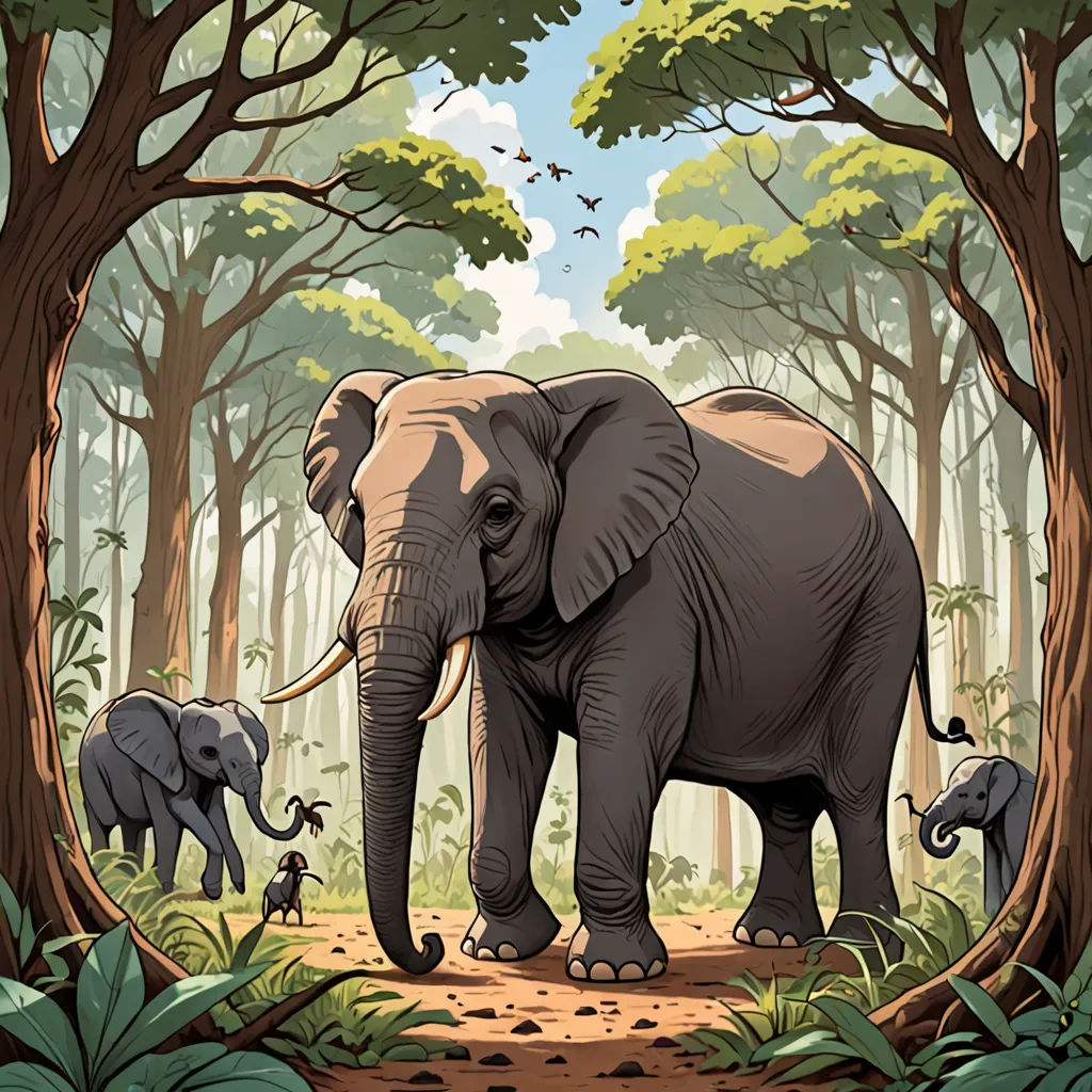 a large elephant standing in the middle of a forest with other elephants in the background and trees and bushes, sumatraism, a storybook illustration, Chris LaBrooy, jungle