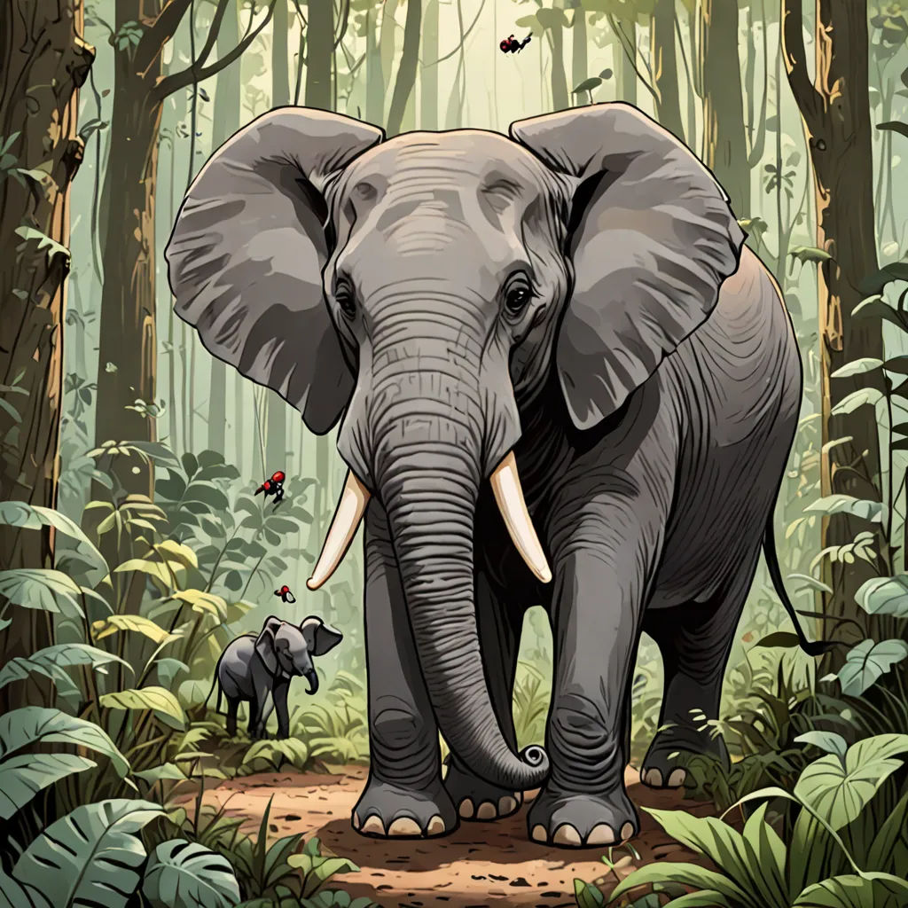 an elephant and a baby elephant in a forest with butterflies on their ears and a bird on its back, sumatraism, a storybook illustration, Dan Mumford, detailed illustration