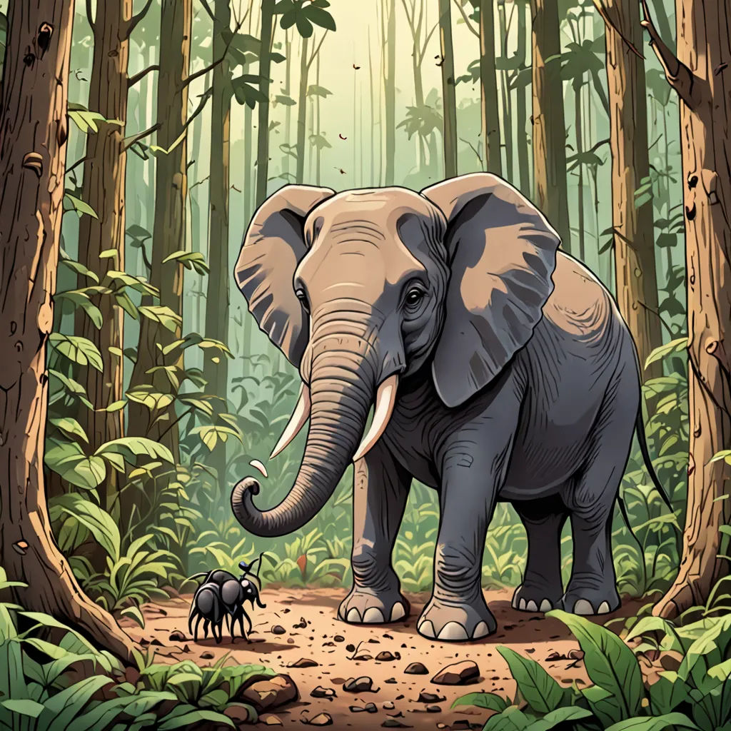 an elephant and her baby in a forest with trees and plants on the ground and a sunbeam in the background, sumatraism, a storybook illustration, Chris LaBrooy, storybook illustration