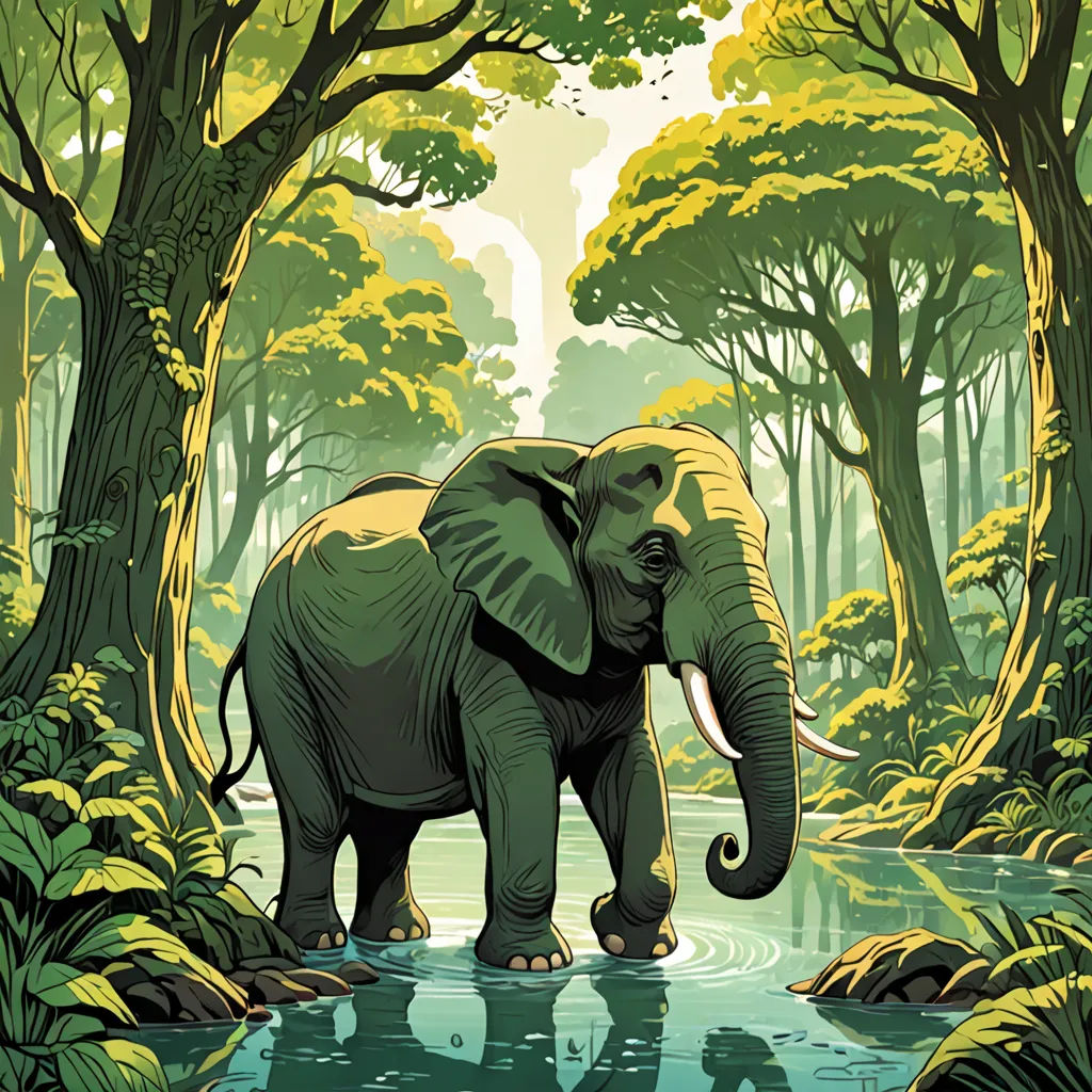 an elephant is standing in the middle of a stream in the jungle with trees and bushes around it, and a man is standing on the side of the river, environmental art, a storybook illustration, Dan Mumford, josan gonzales and dan mumford