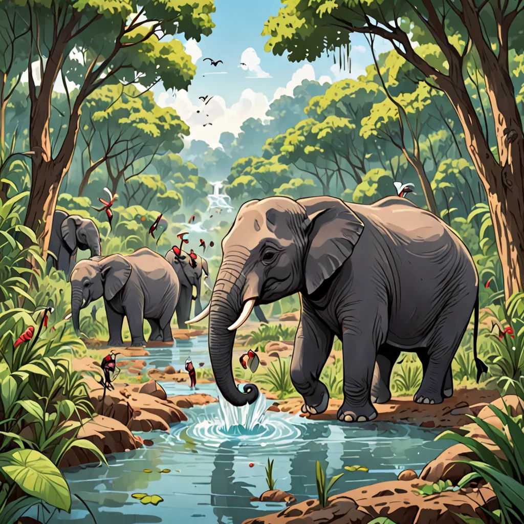 a painting of elephants in a jungle with a stream of water and birds flying around them, and a group of trees and birds, environmental art, a storybook illustration, Chris LaBrooy, jungle