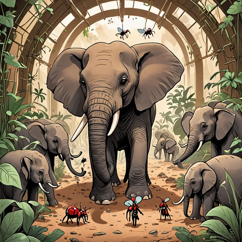 a group of elephants standing in a jungle with a man on the ground looking at them and a group of bees on the ground, sumatraism, a storybook illustration, Ernst Thoms, detailed illustration
