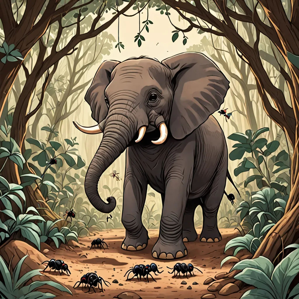 an elephant in a forest with antelope in the background and a group of ants in the foreground, sumatraism, a storybook illustration, Chris LaBrooy, detailed illustration