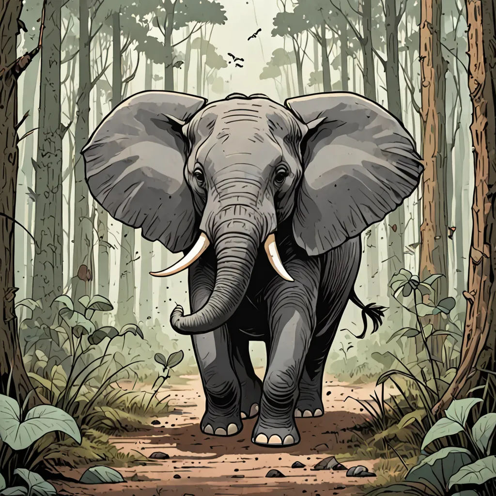 an elephant is walking through a forest with trees and birds flying overhead in the background is a path with leaves and a bird in the foreground, sumatraism, a storybook illustration, Dan Mumford, high detail illustration