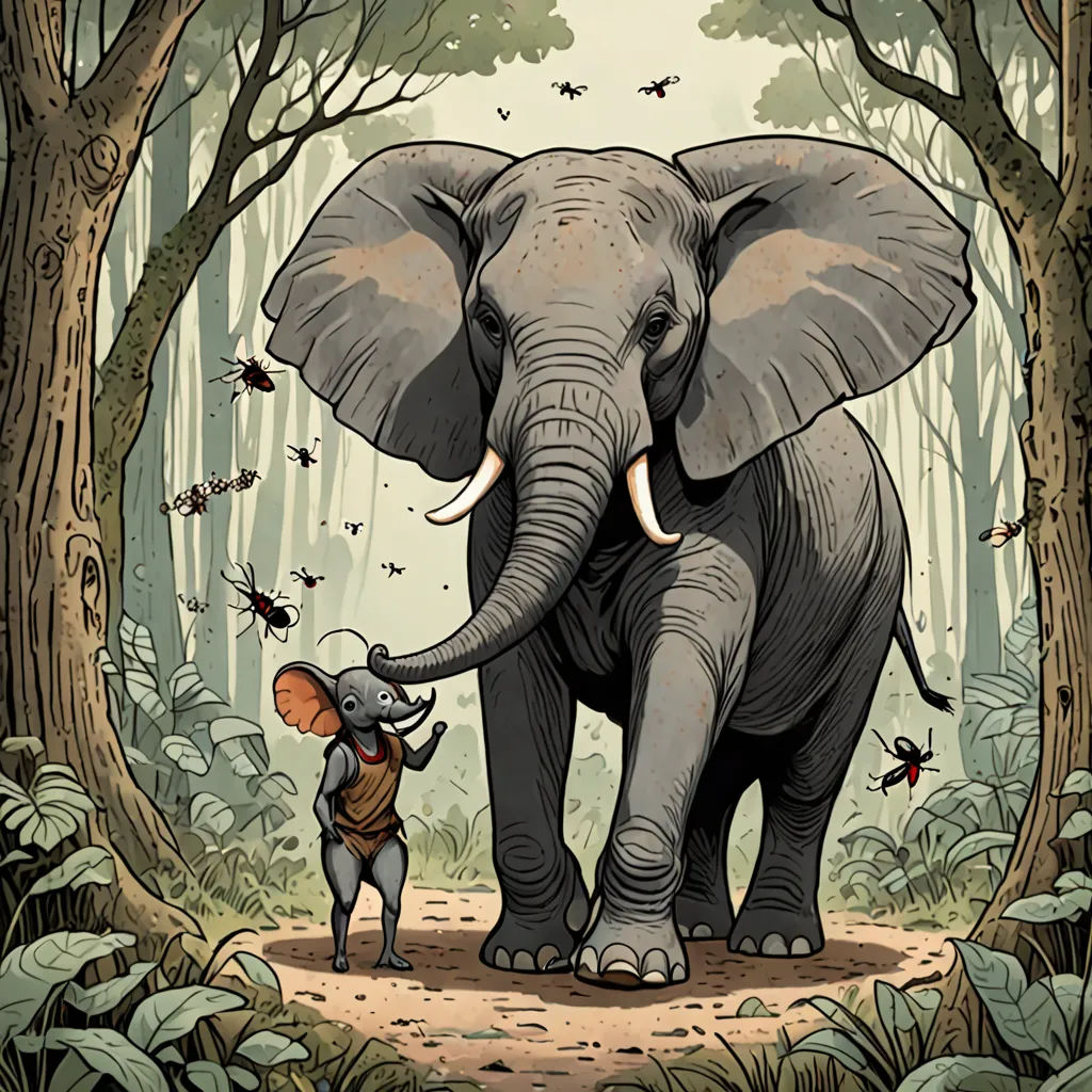 an elephant and a mouse in a forest with trees and butterflies on the ground and a man standing in front of them, sumatraism, a storybook illustration, Farel Dalrymple, storybook illustration