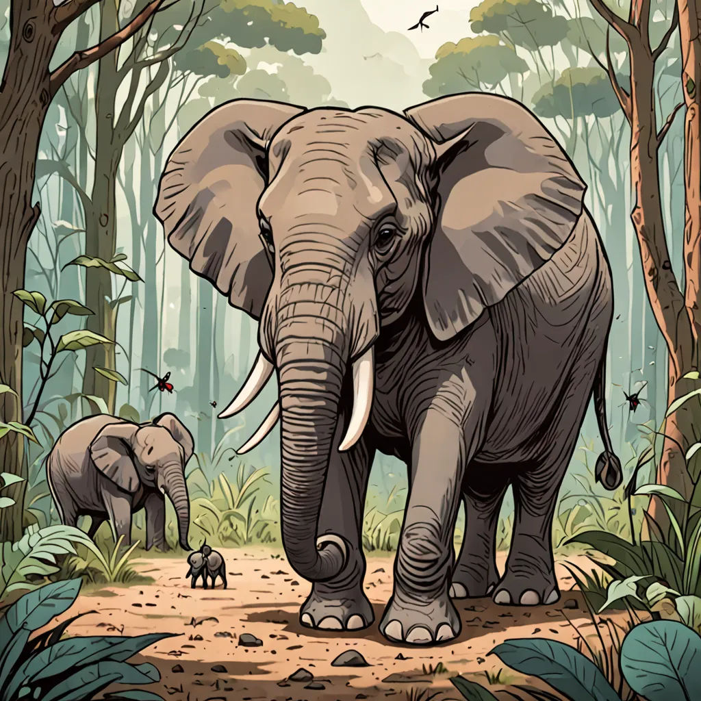 a large elephant standing in the middle of a forest with two smaller elephants nearby on a path in the woods, sumatraism, a storybook illustration, Chris LaBrooy, jungle