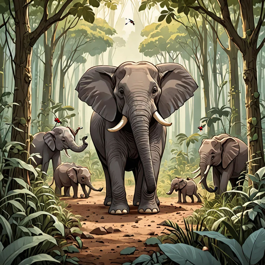 a group of elephants walking through a forest filled with trees and plants, with a bird flying above them, sumatraism, a storybook illustration, Chris LaBrooy, jungle