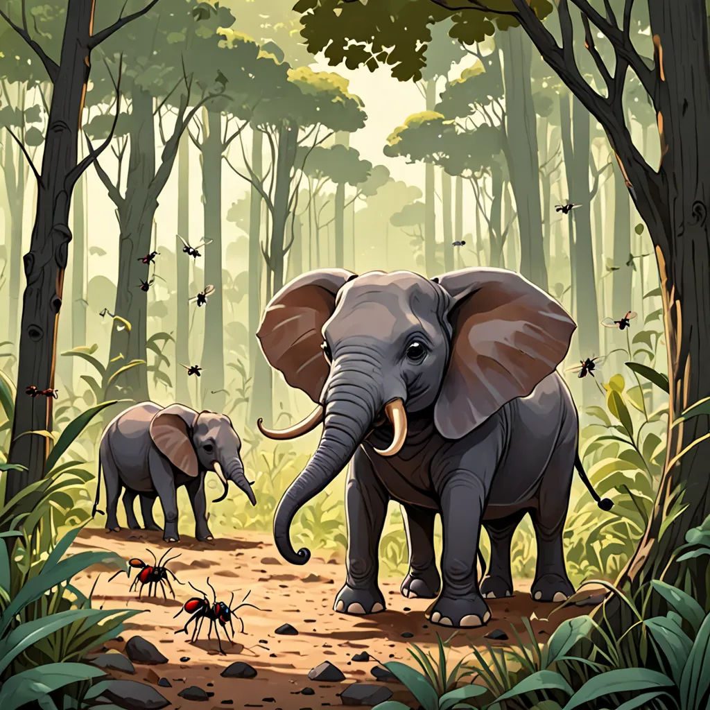 a group of elephants walking through a forest filled with trees and bugs on the ground and on the ground, sumatraism, a storybook illustration, Chris LaBrooy, jungle
