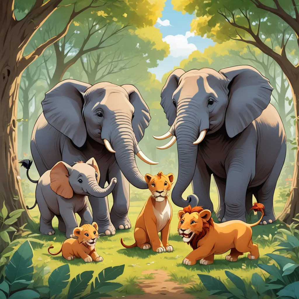 a group of elephants standing in a forest with lions and lions behind them, with trees and grass in the background, lyco art, a storybook illustration, disney, official art