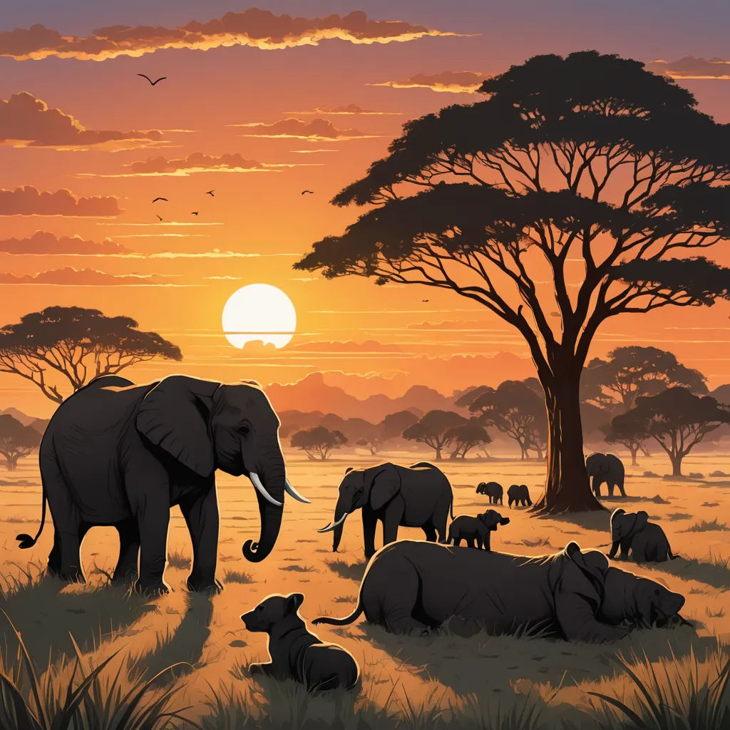 a group of elephants in a field with a sunset in the background and a tree in the foreground, magical realism, a storybook illustration, Chris LaBrooy, intricate environment