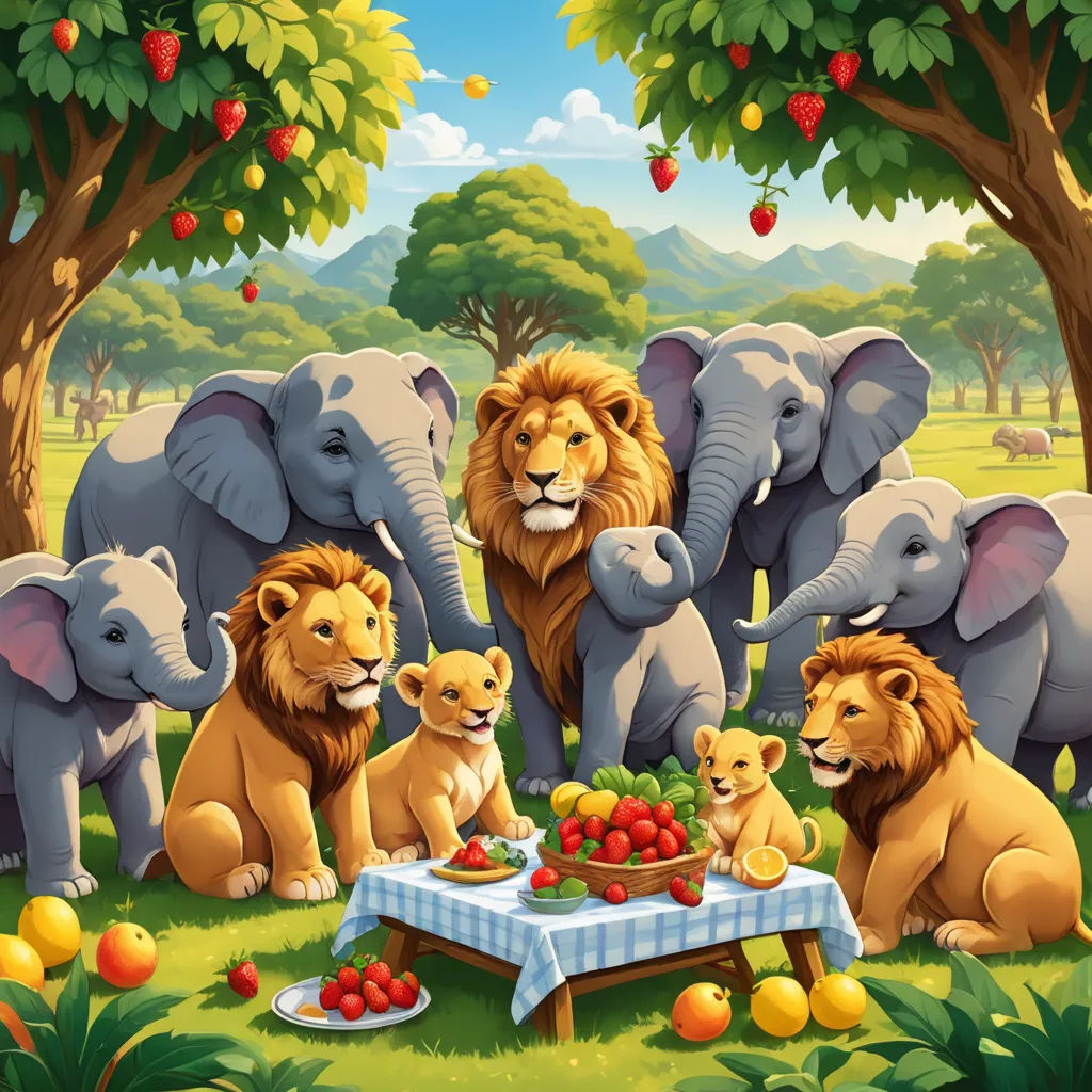 a group of lions eating fruit in a forest with a table full of fruit and trees in the background, naive art, a storybook illustration, Chris LaBrooy, furaffinity