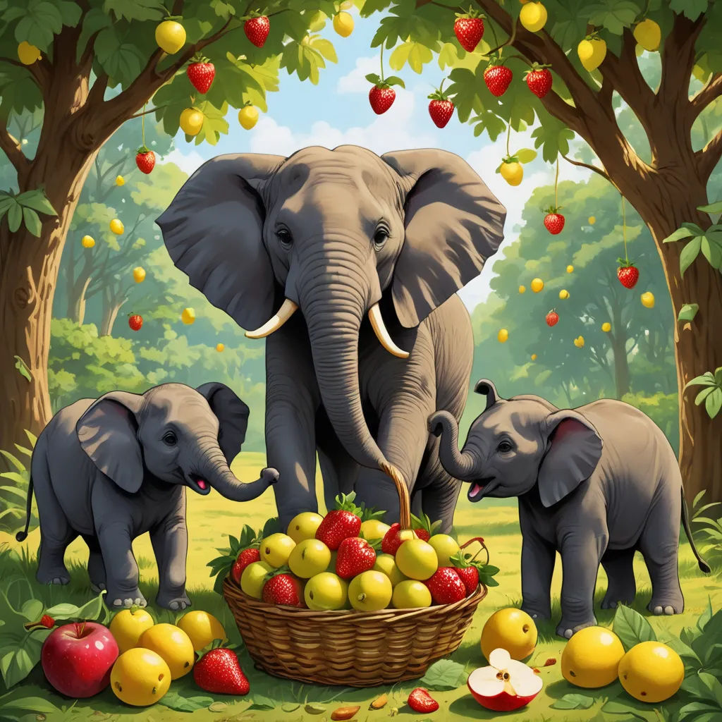 a painting of a family of elephants in a forest with apples and lemons in a basket and a basket of strawberries, magic realism, a storybook illustration, Chris LaBrooy, highly detailed digital painting