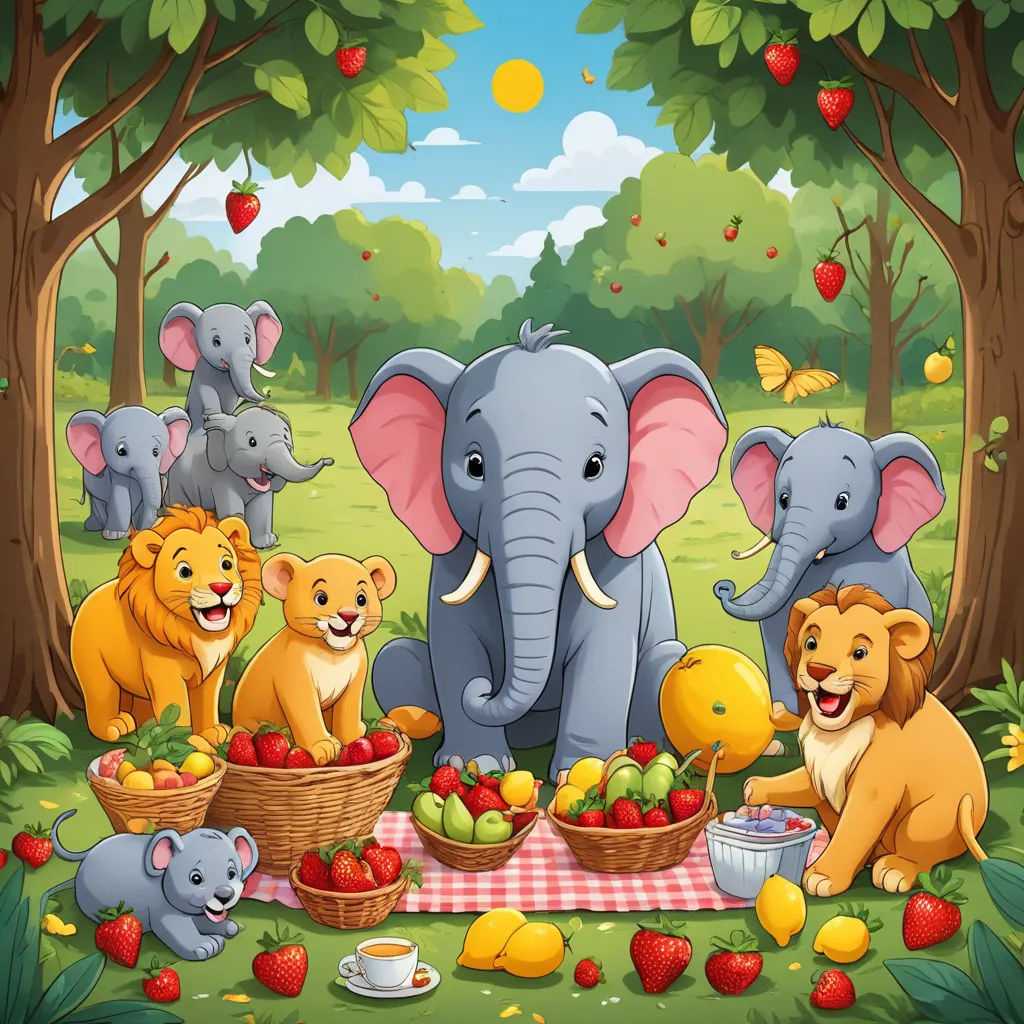 a group of animals that are eating some fruit together in the forest with a picnic table full of fruit, naive art, a storybook illustration, Chris LaBrooy, furaffinity