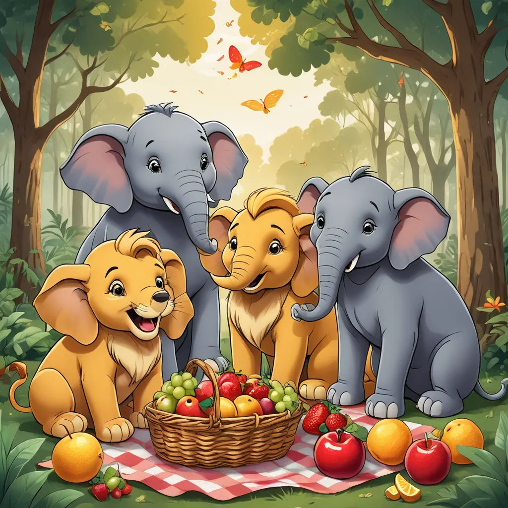 a group of elephants standing around a basket of fruit on a blanket in the woods with a butterfly flying overhead, magic realism, a storybook illustration, Chris LaBrooy, trending on furaffinity