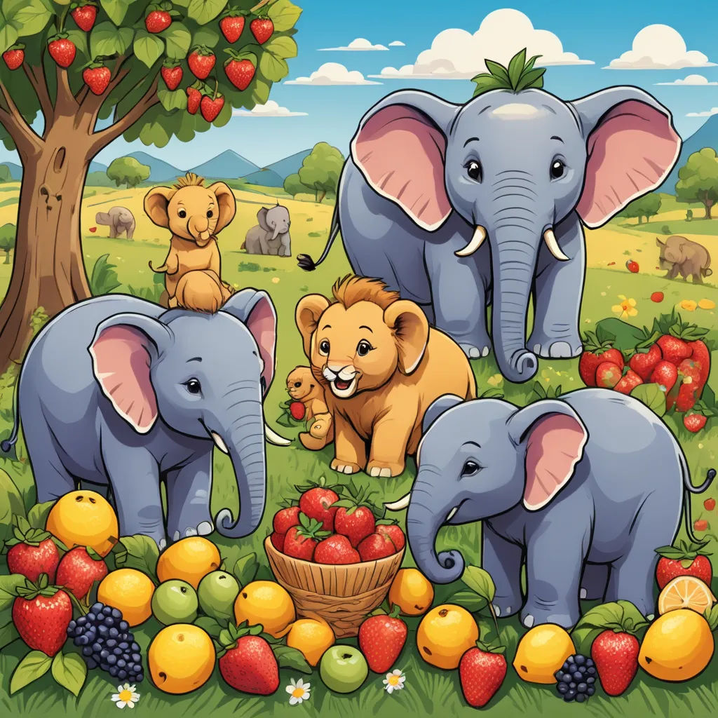 a group of elephants standing in a field with fruit and trees in the background and a basket of fruit in the foreground, naive art, a storybook illustration, Amédée Ozenfant, highly detailed digital art