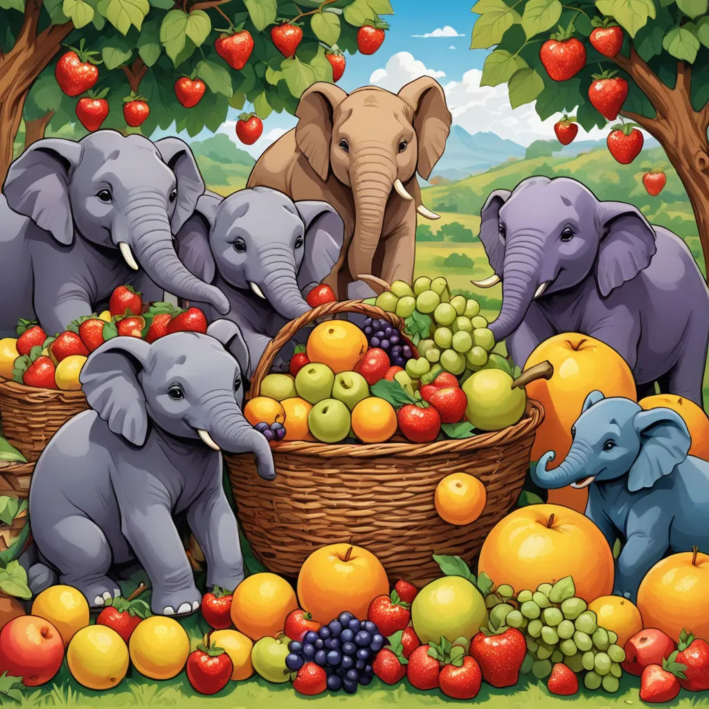 a group of elephants standing next to a basket of fruit in a forest filled with trees and fruit on the ground, ecological art, computer graphics, Chris LaBrooy, furaffinity