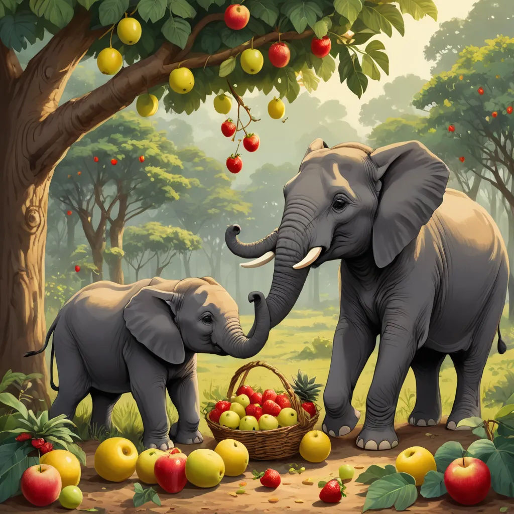 a painting of two elephants in a forest with apples and apples in a basket under a tree with apples, magic realism, a storybook illustration, Chris LaBrooy, highly detailed digital painting