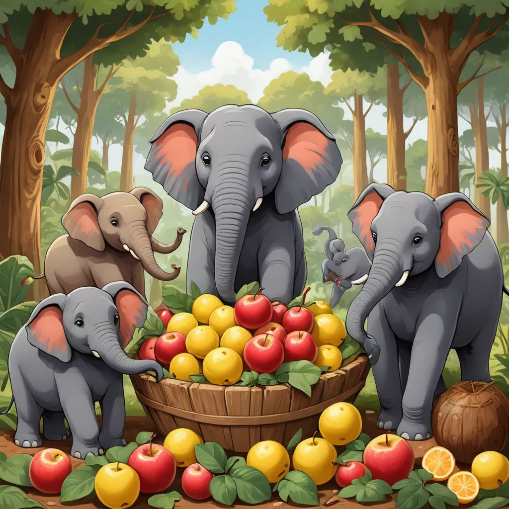 a group of elephants standing around a basket of fruit in the forest with apples and oranges on the ground, magic realism, a storybook illustration, Chris LaBrooy, highly detailed digital art