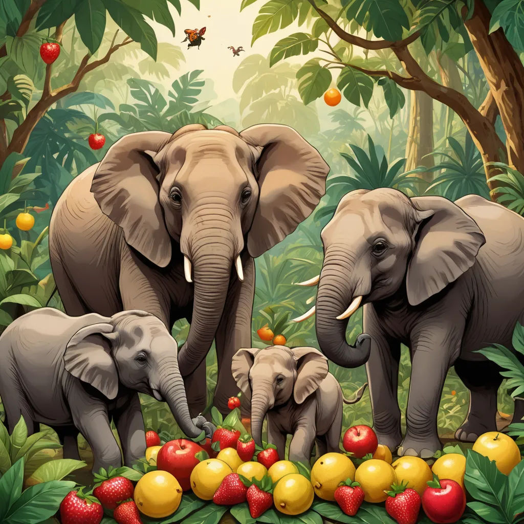 a family of elephants standing in a forest with apples and oranges on the ground and trees and butterflies flying overhead, naturalism, a storybook illustration, Chris LaBrooy, highly detailed digital painting