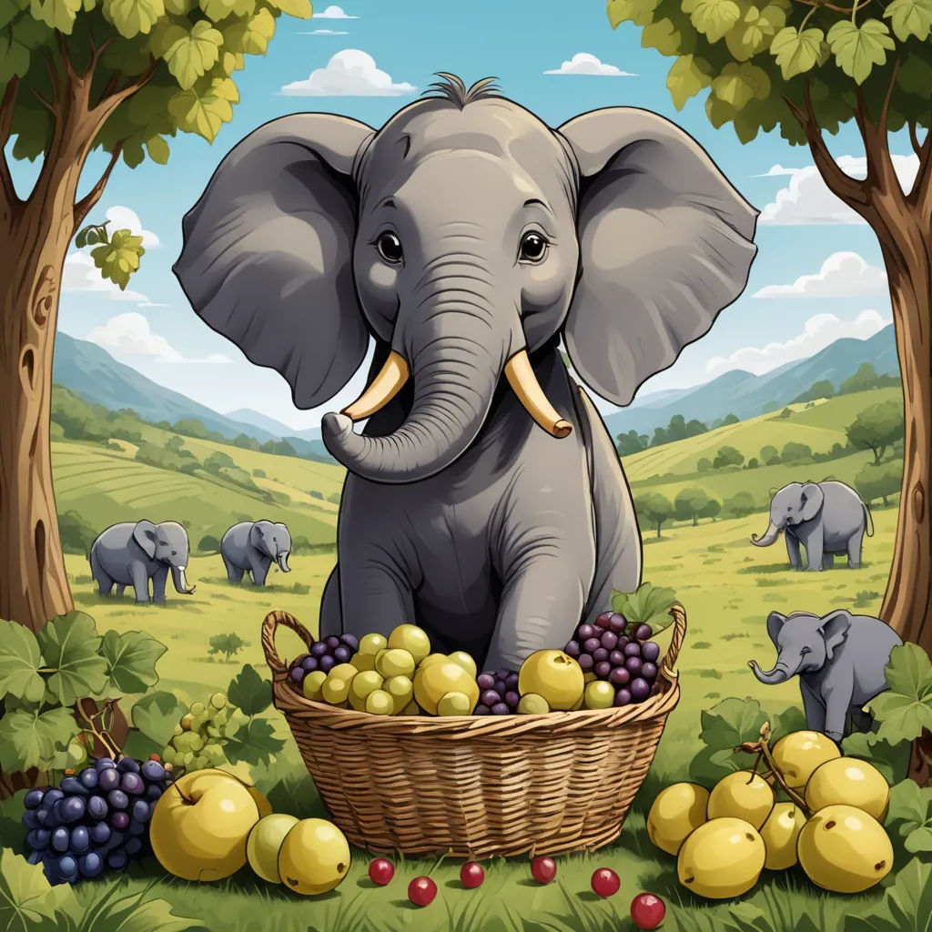 a cartoon elephant sitting in a basket of fruit in a forest with other animals in the background and a sky background, magic realism, a storybook illustration, Amédée Ozenfant, highly detailed digital art