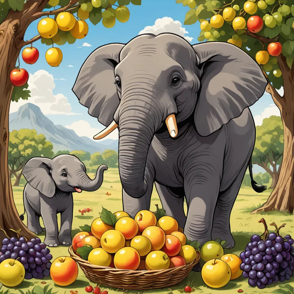 a couple of elephants standing next to a basket of fruit under a tree with oranges and apples on it, naive art, a storybook illustration, Chris LaBrooy, highly detailed digital painting