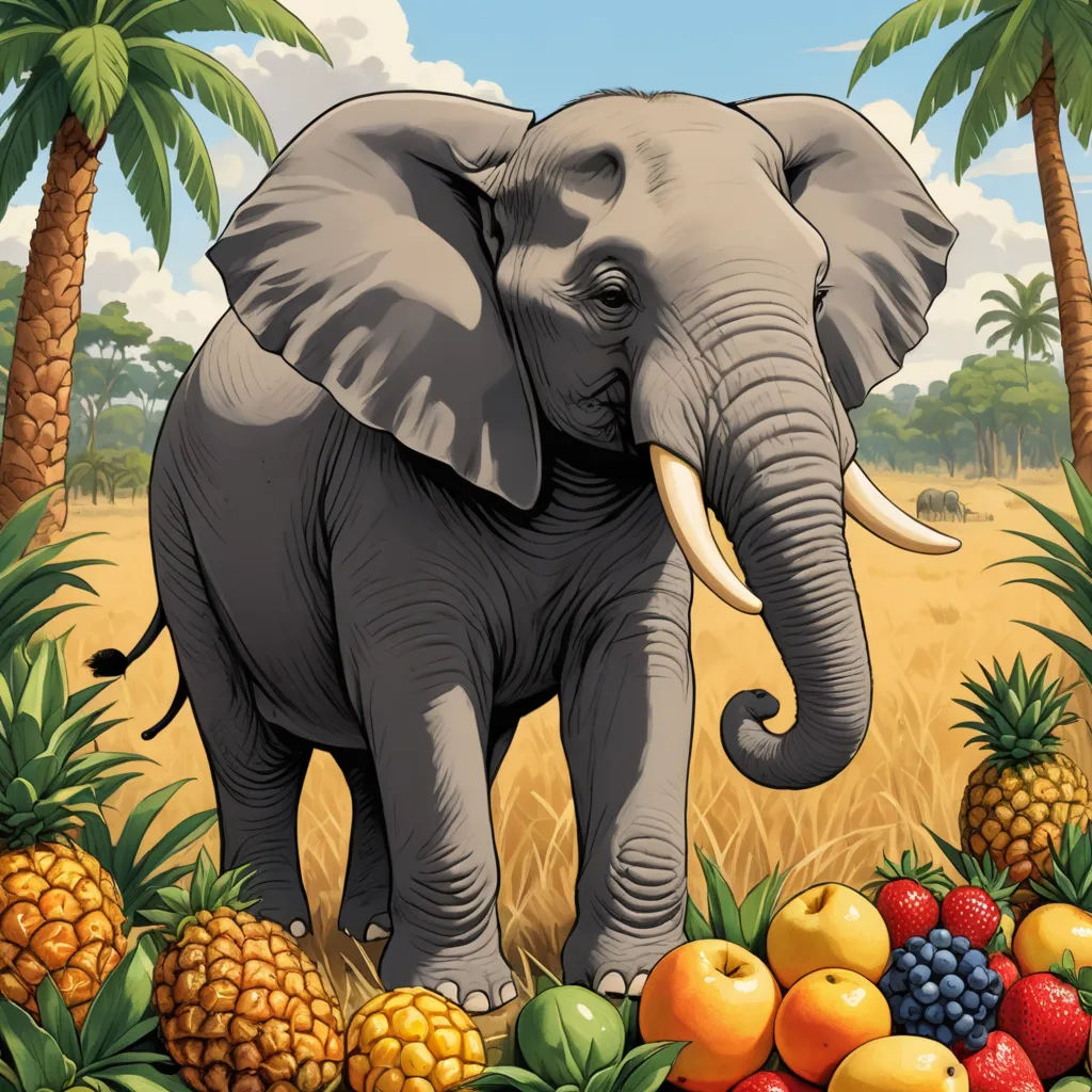 a large elephant standing in a field of fruit with palm trees in the background and a sky background with clouds, lyco art, a storybook illustration, Chris LaBrooy, highly detailed digital painting